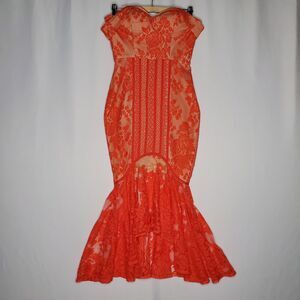 Jarlo Juliet Fishtail Dress UK8 Lace Strapless Cocktail Maxi Flare Red-Orange